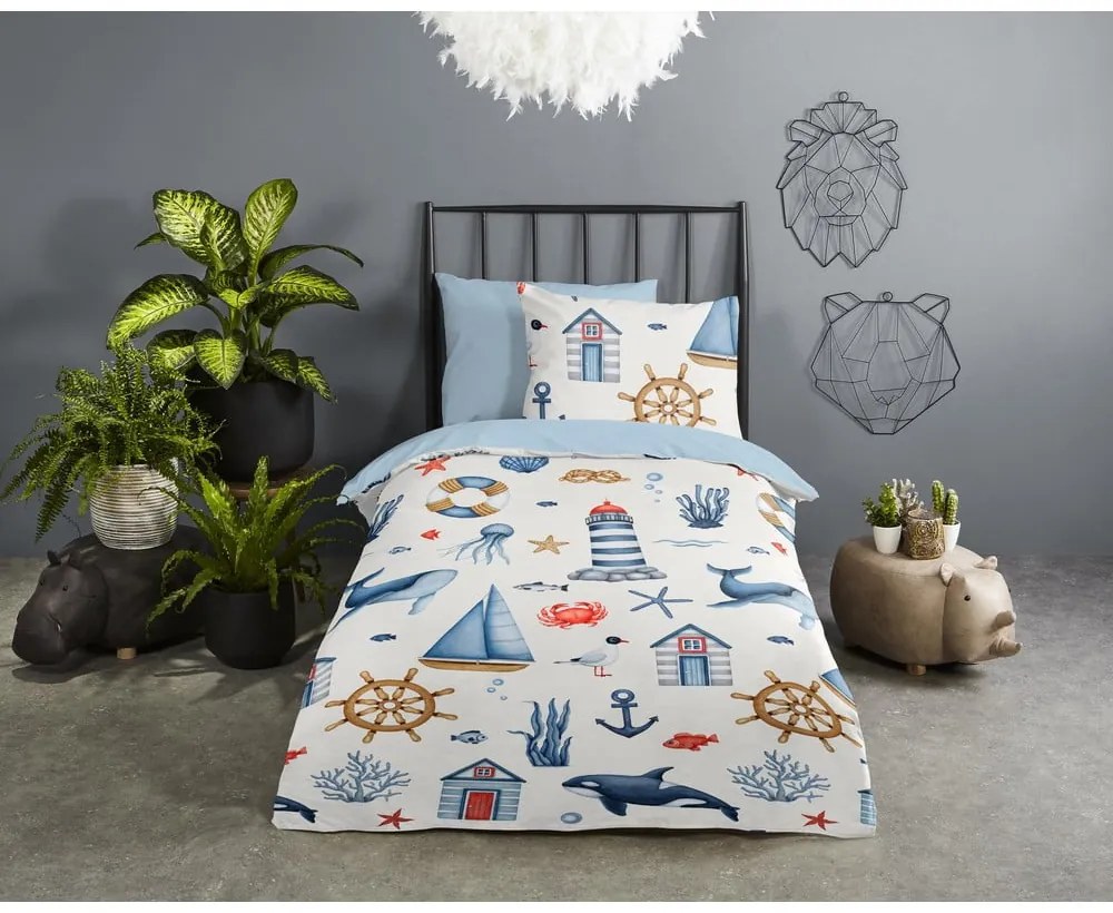 Modré/krémové bavlnené detské obliečky do postieľky 100x135 cm Ahoy – Good Morning