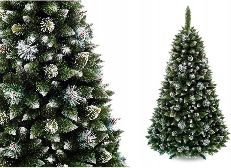 Umelý 3D vianočný stromček BOROVICA smaragdová 220cm so šiškami zasnežená