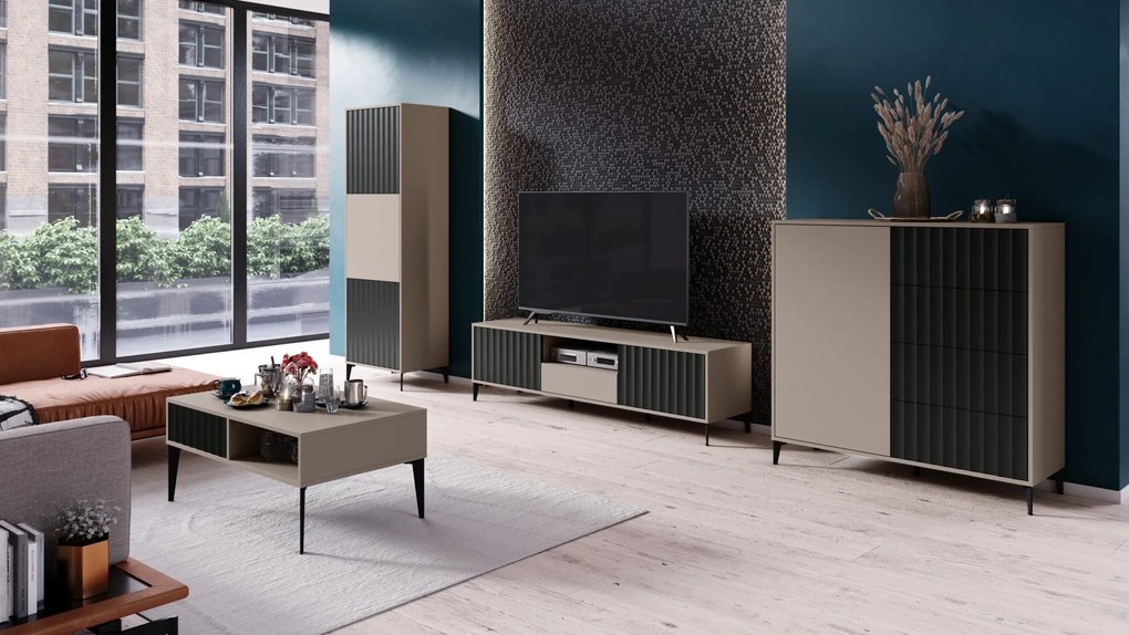 Komoda Rimini K-242 Béžová Taupe / Čierna matná - MODERNÁ SKRIŇA S DRÁŽKOVANÝMI ČELAMI
