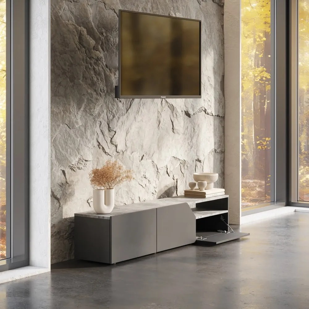 Čierny TV stolík v dekore betónu 180x38 cm Verone – TemaHome