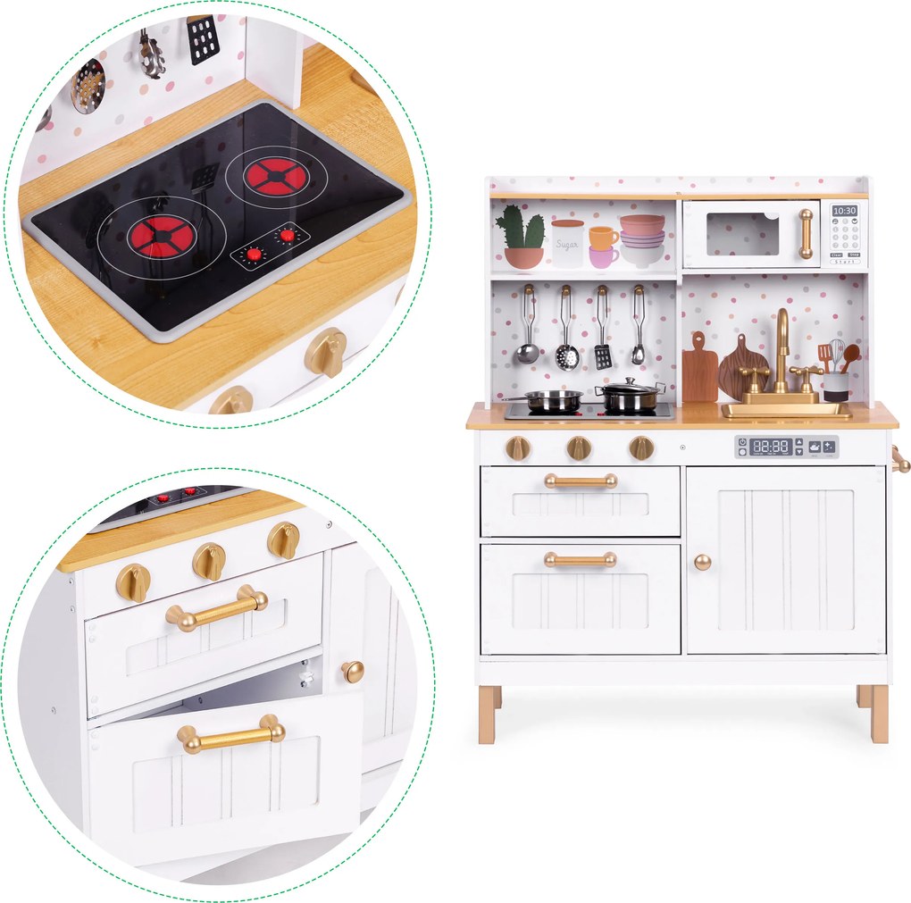 Detská drevená kuchynka ECOTOYS s LED a zvukmi, otvárateľné dvierka, 7 kovových doplnkov