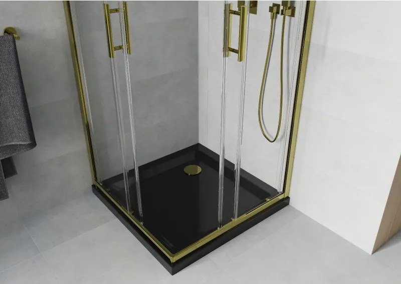 Mexen Rio, štvorcový sprchovací kút s posuvnými dverami 90(dvere) x 90(dvere) x 190 cm, 6mm číre sklo, zlatý profil + čierna sprchová vanička SLIM, 860-090-090-50-00-4070G