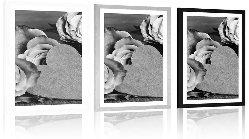 Plagát s paspartou valentínske ruže v čiernobielom prevedení - 30x45 white