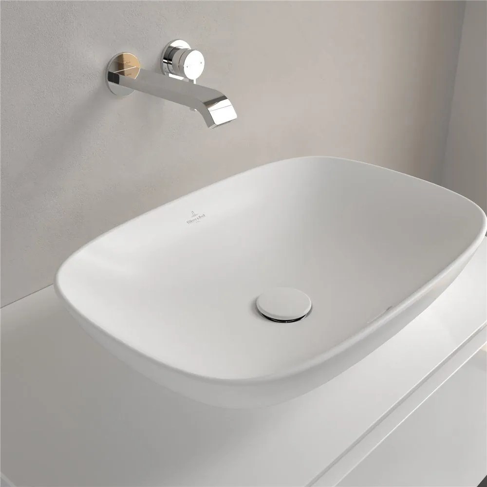 VILLEROY &amp; BOCH Loop &amp; Friends obdĺžnikové umývadlo na dosku bez otvoru, s prepadom, 560 x 380 mm, Stone White, s povrchom CeramicPlus, 4A4900RW