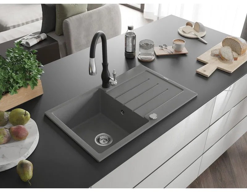 Mexen Bruno, 1-komorový granitový drez 795x495x200 mm a drezová batéria Savita, šedá, 6513-71-672601-70