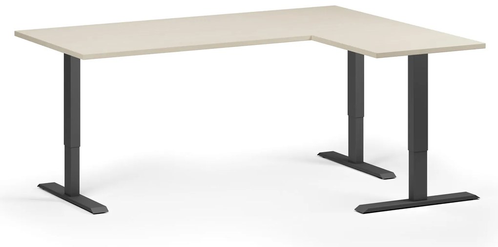 Výškovo nastaviteľný stôl, 180x140 cm, 3 motory, L/P, čierna podnož, breza