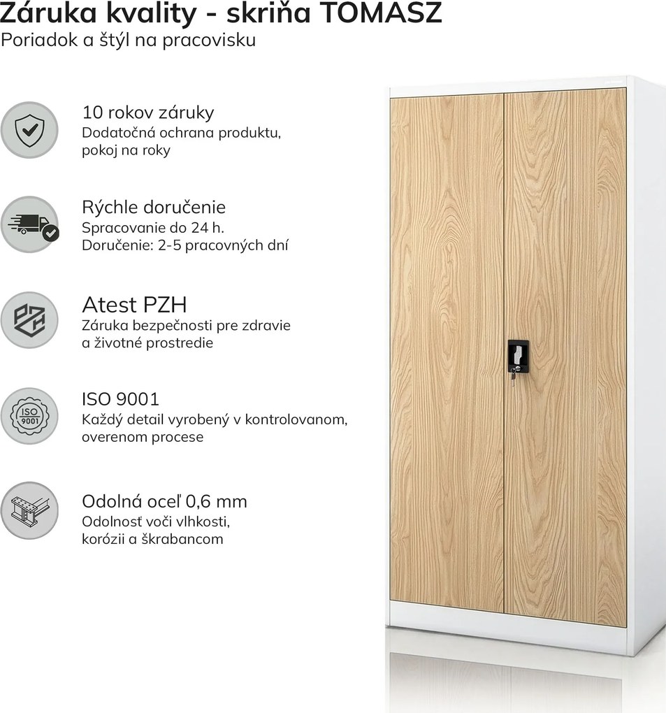 Kovová skriňa s úložným priestorom biela/dub sonoma, 900x1850x450 mm: TOMASZ Eco Design