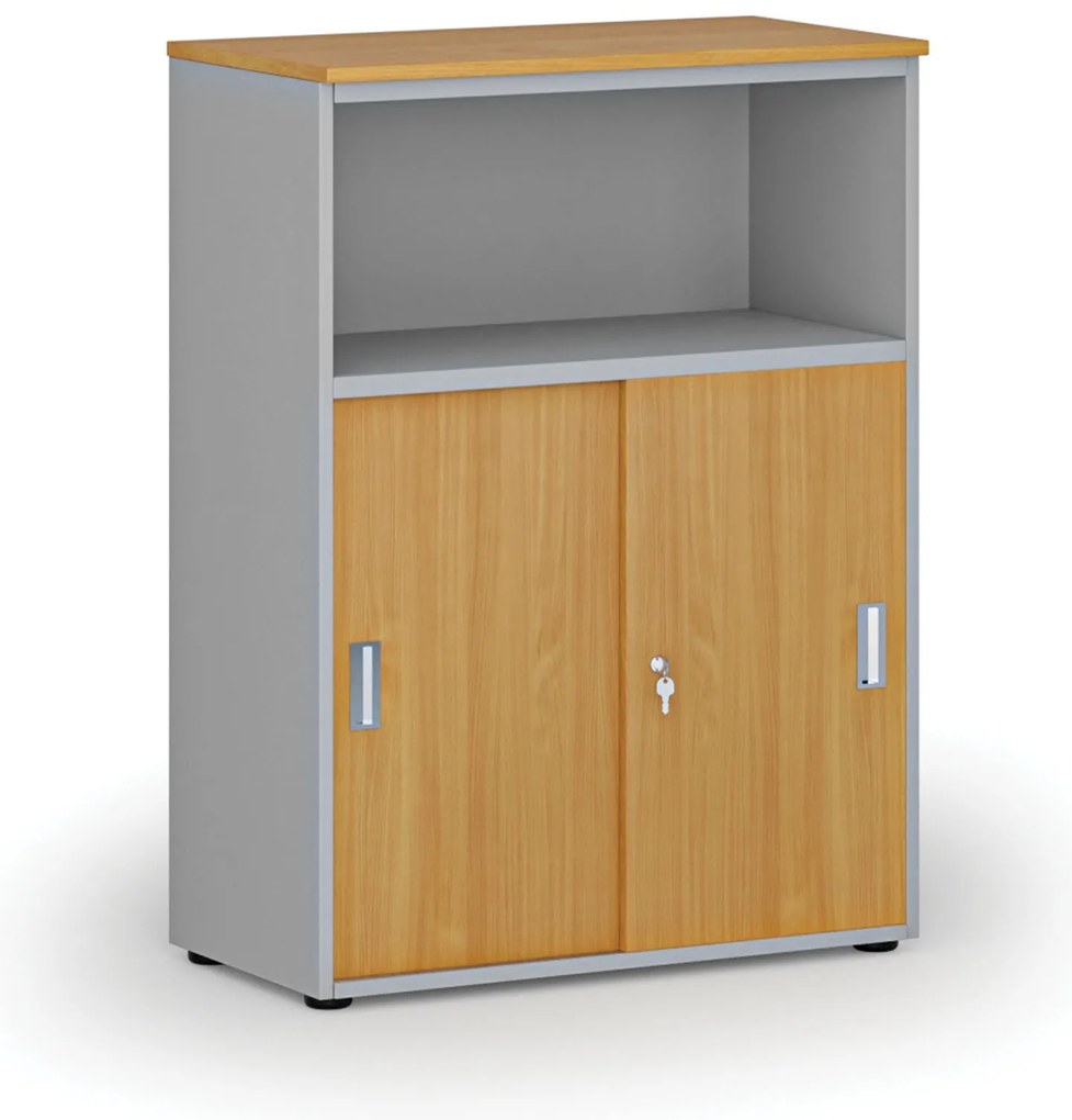 Kombinovaná kancelárska skriňa so zásuvnými dverami PRIMO GRAY, 800 x 420 x 1087 mm, sivá/buk
