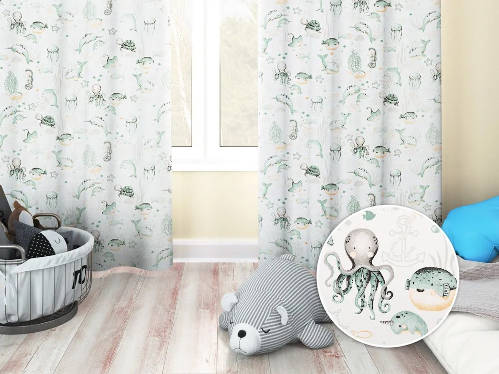 Biante Detský bavlnený záves Sandra SA-688 Morský svet zelený na bielom 150x200 cm