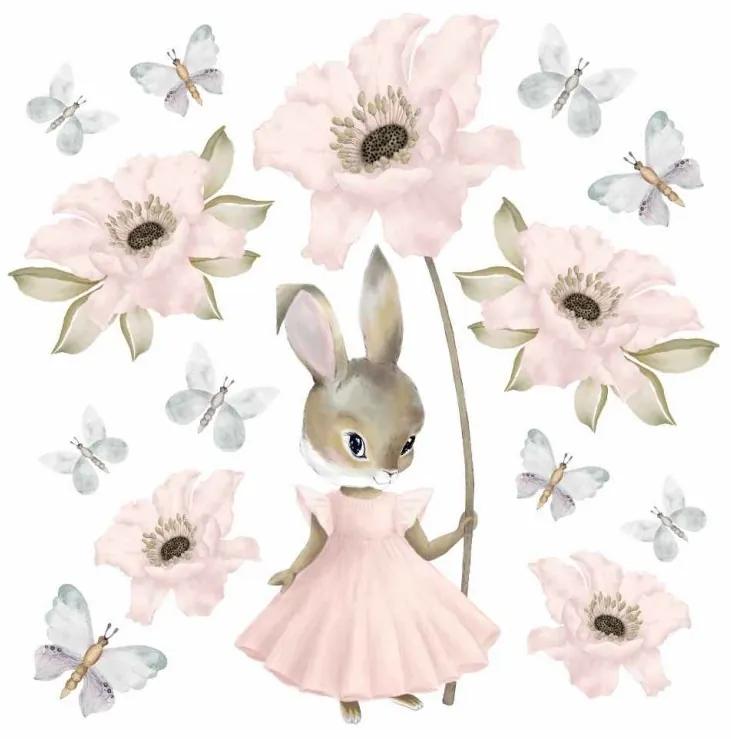 Gario Detská nálepka na stenu Pastel bunnies - zajačik, kvety a motýle Rozmery: L