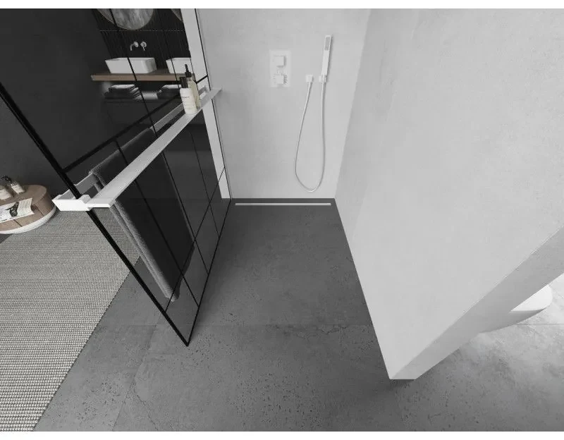 Mexen Kioto+ L, sprchová zástena Walk-In s poličkou a vešiakom 100 x 200 cm, 8mm číre sklo čierny vzor, biely profil, 800-100-123-20-78