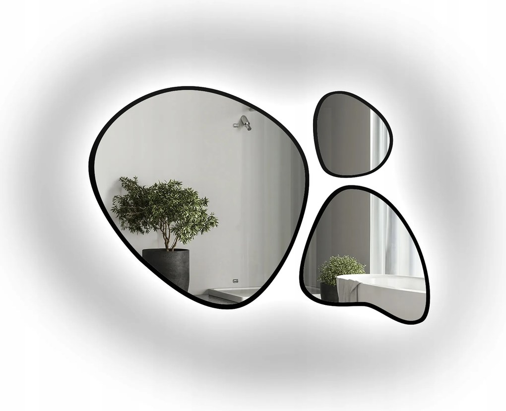 Sada troch zrkadiel Flora v čiernom ráme s Led podsvietením 200 x 135 cm