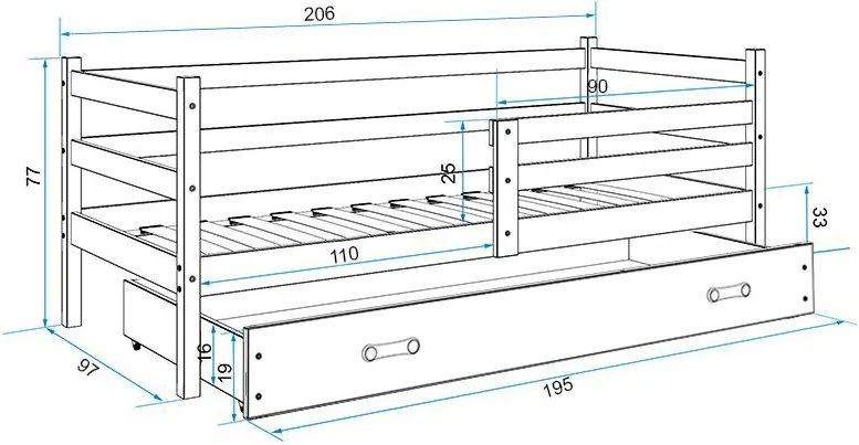 Posteľ ERIK 1 - 200x90cm Biely - Biely