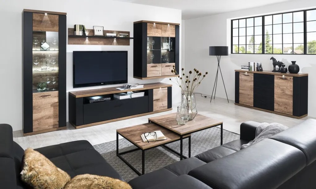 Široká nástenná vitrína Boston, čierna/dub ribbeck, s osvetlením