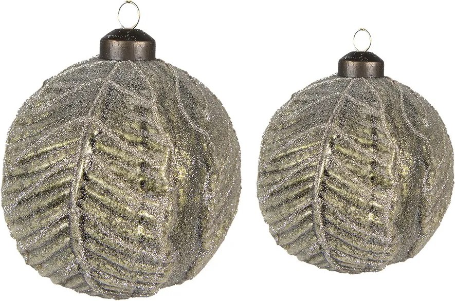 Set 2 ks zelených sklenených vianočných gulí s motívom listov – Ø 10 cm a Ø 8 cm