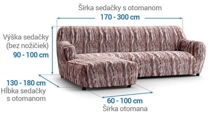 Bielastické poťahy OCEANO NOVÉ hnedo-vínové sedačka s otomanom vľavo (š. 170 - 300 cm)