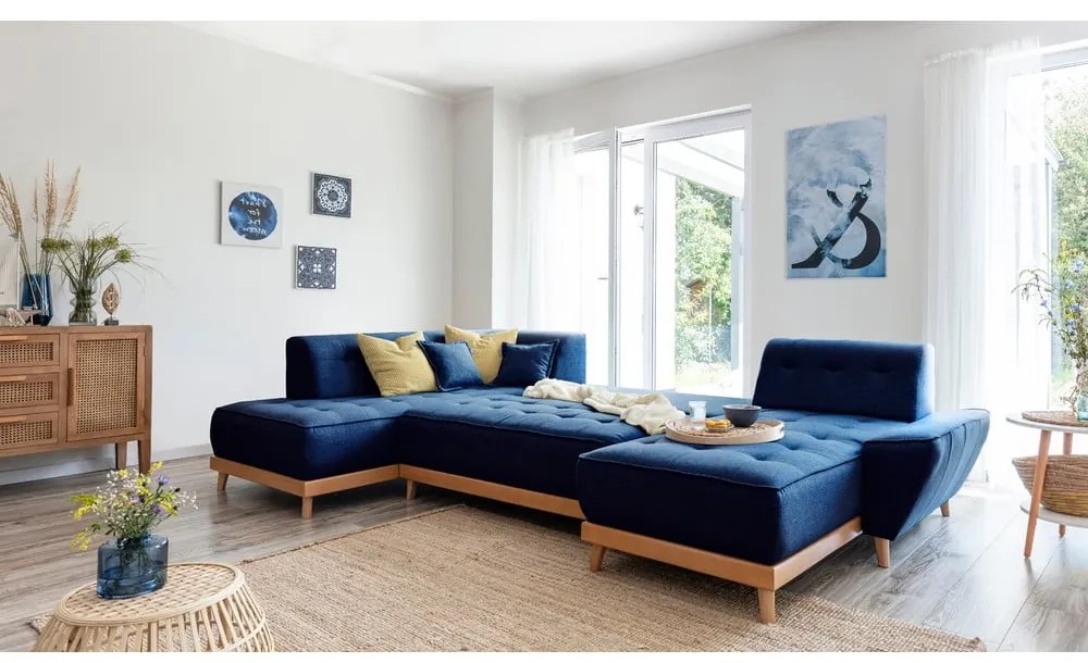 Námorníckymodrá rozkladacia pohovka do "U" Miuform Dazzling Daisy, ľavý roh