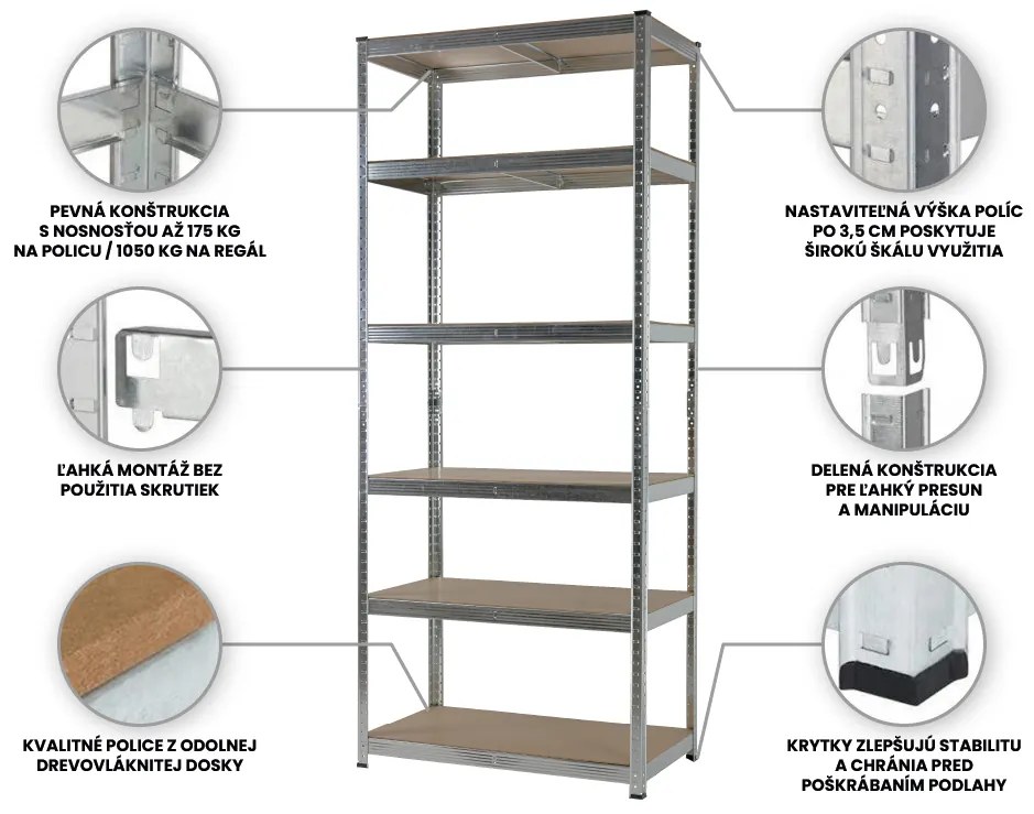 Fistar Regál 2400x1200x500 mm kovový zinkovaný 6-policový, nosnosť 1050 kg