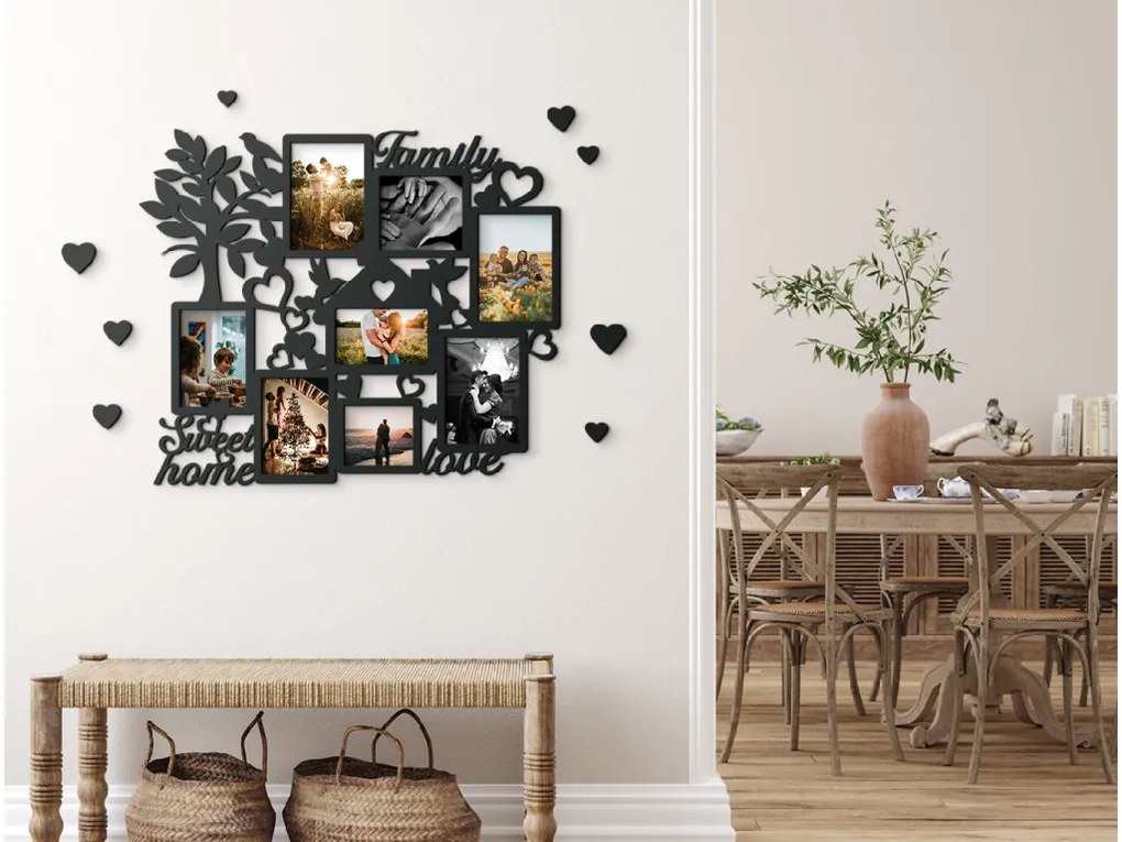 drevko Veľký rodinný fotorámik na 8 fotiek Rozmer obrazu: 46,5 x 55 cm, Farba dekorácie: Čierna