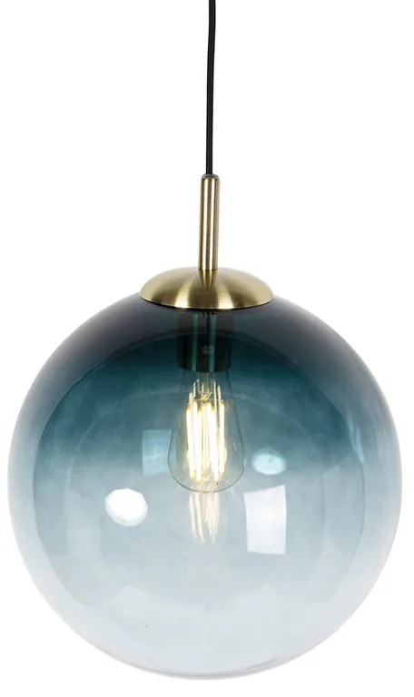 Art Deco závesné svietidlo mosadz s oceánskym modrým sklom 33 cm - Pallon