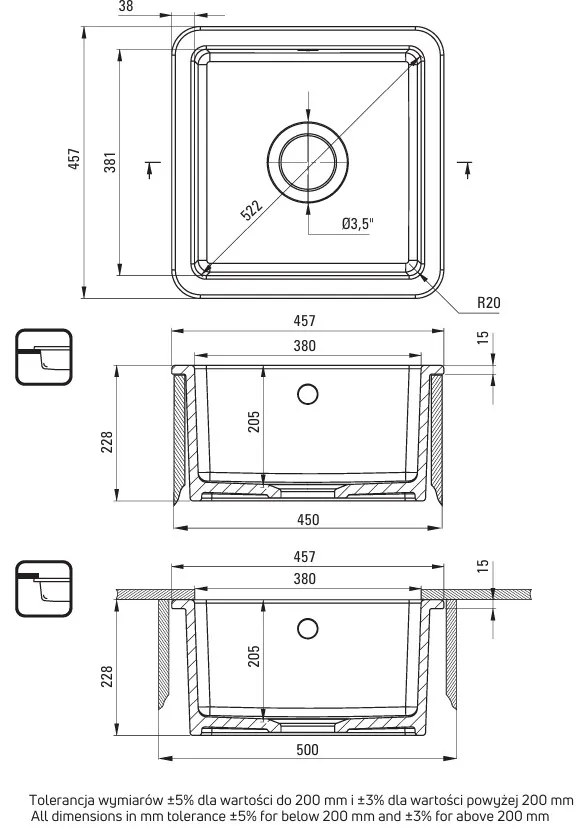 Deante Lumi, 1-komorový keramický drez 457×457×205 mm, biela, DEA-ZCU_610B