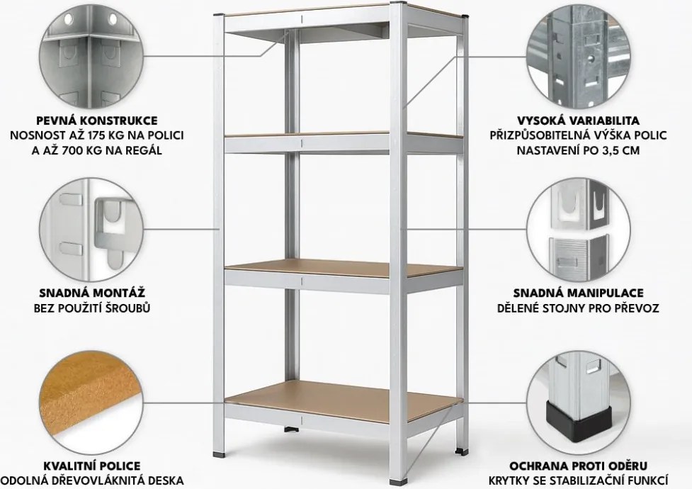 Akcia 10x Regál 150x70x30 cm pozinkovaný 4-policový, nosnosť 700 kg