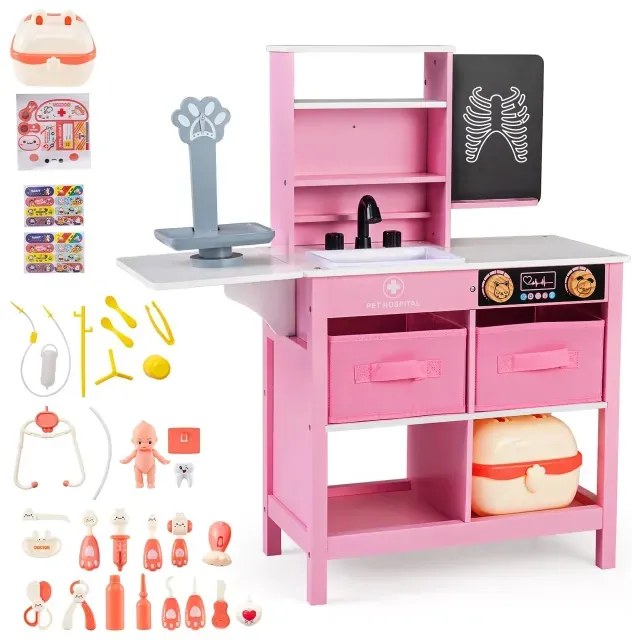 Herná súprava Lekárska ordinácia, Drevené lekárske centrum s tabuľou, Zvieracie váhy, Kohútik, Drez, Ružová