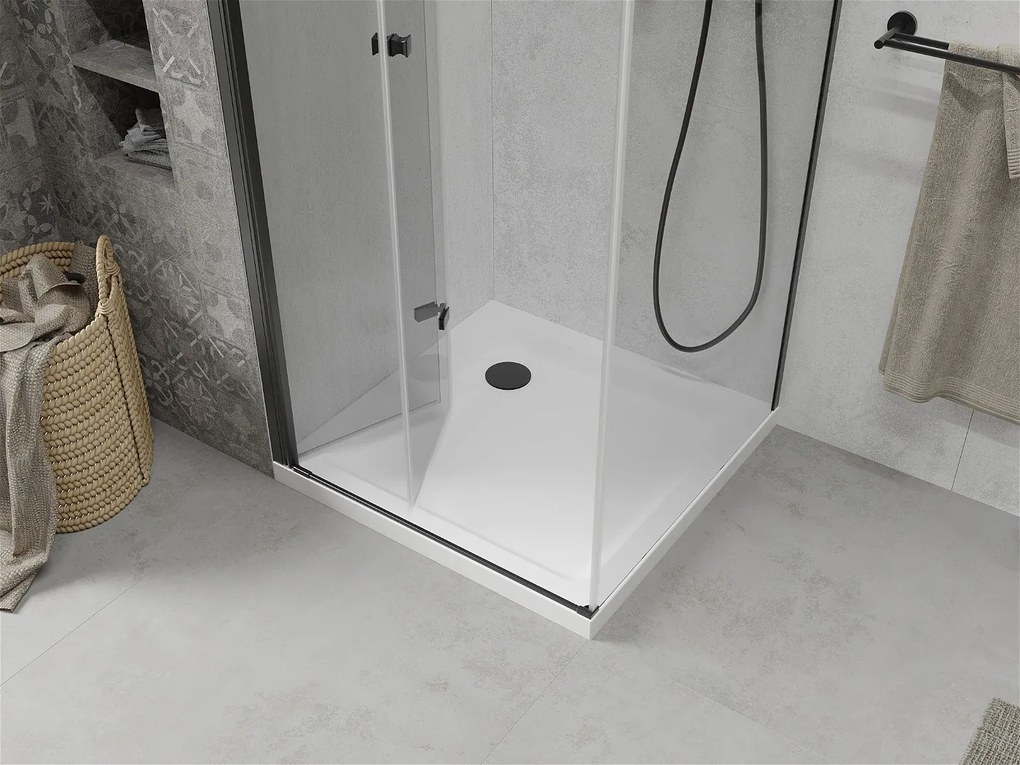 Mexen Lima, sprchovací kút so skladacími dverami 80 (dvere) x 80 (stena) cm, 6mm číre sklo, čierny profil + slim sprchová vanička biela s čiernym sifónom, 856-080-080-70-00-4010B