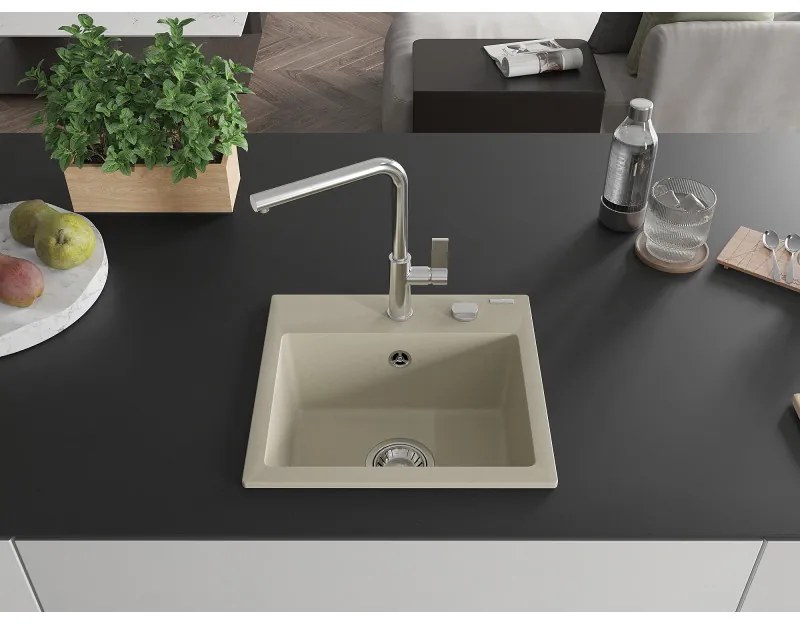 Mexen Milo, 1-komorový granitový drez 435x410x171 mm a drezová batéria Flora, béžová, 6505-69-670401-00