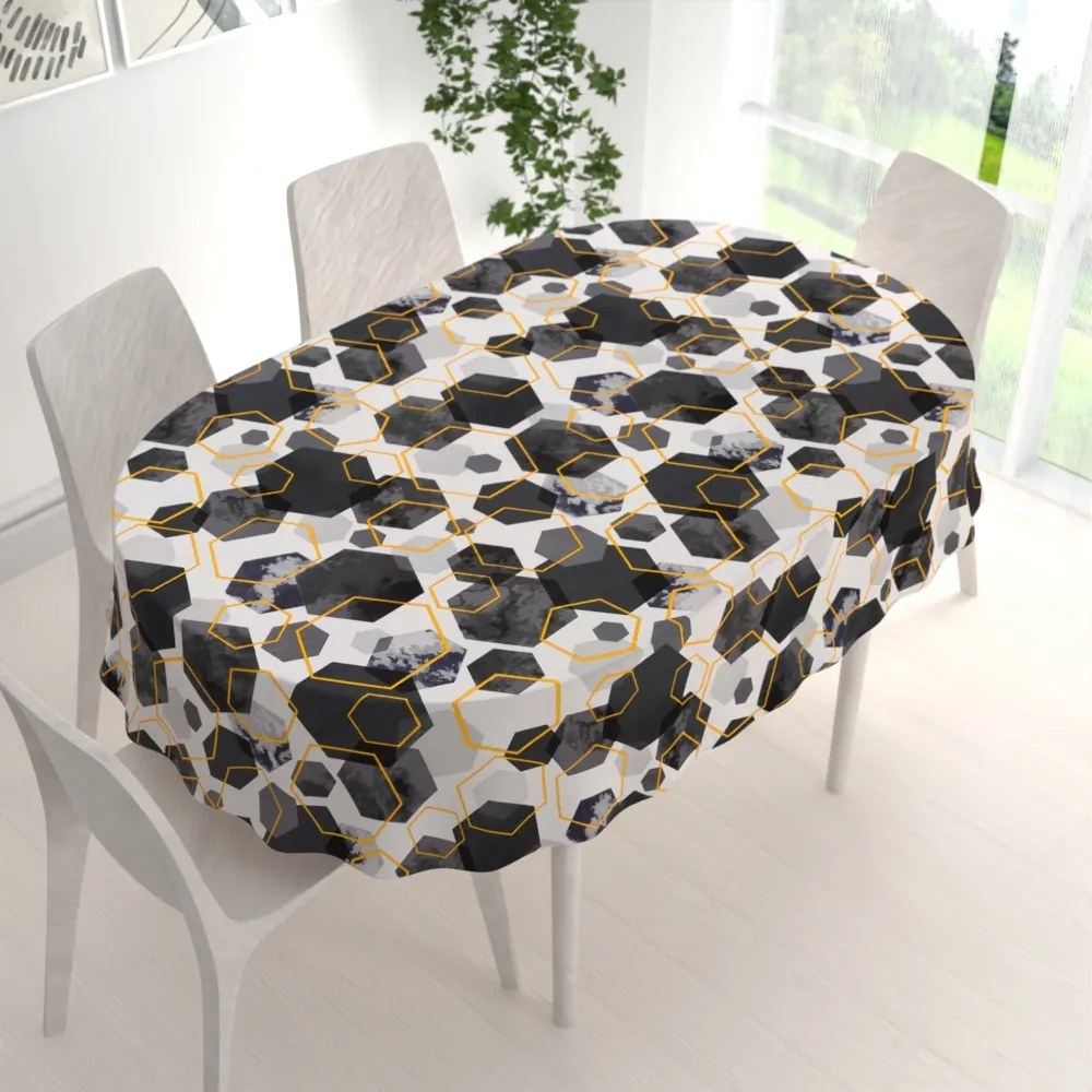 Biante Bavlnený oválny obrus Sandra SA-568 Sivo-modrofialové mramorové hexagóny na bielom 140x180 cm