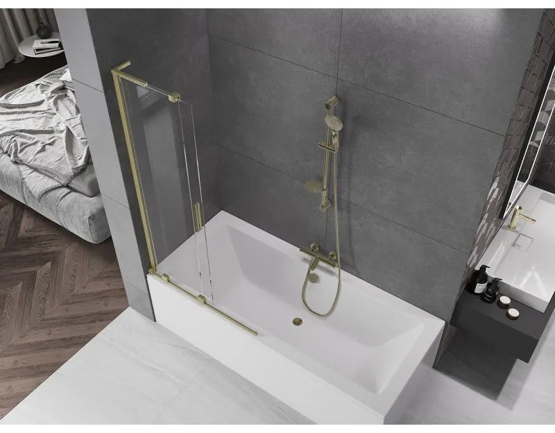 Mexen Velar L, 2-krídlová posuvná vaňová zástena 95 x 150 cm, 8mm číre sklo, zlatý matný profil, 896-095-003-01-55