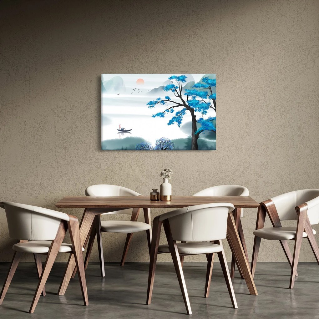 Obraz - Maľované jazero s loďkou (90x60 cm)