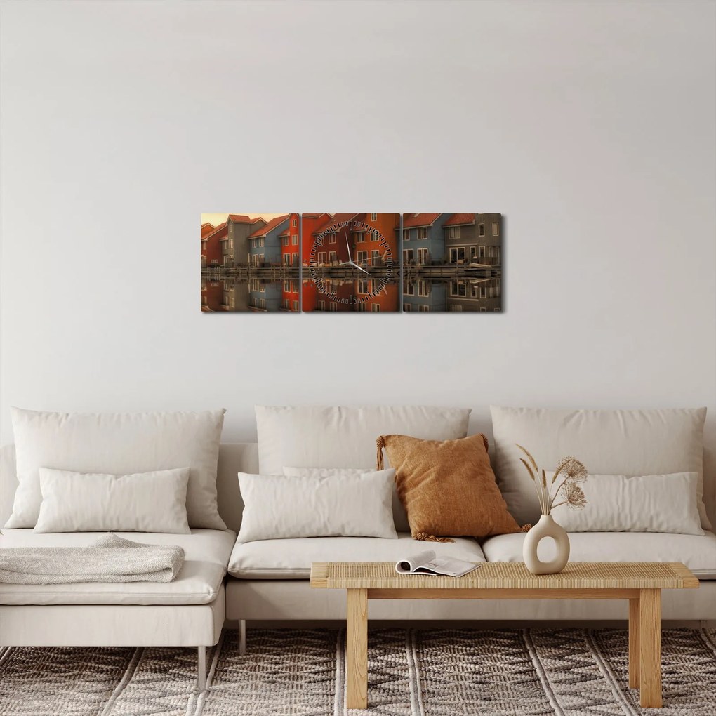 Obraz farebných domčekov (s hodinami) (90x30 cm)