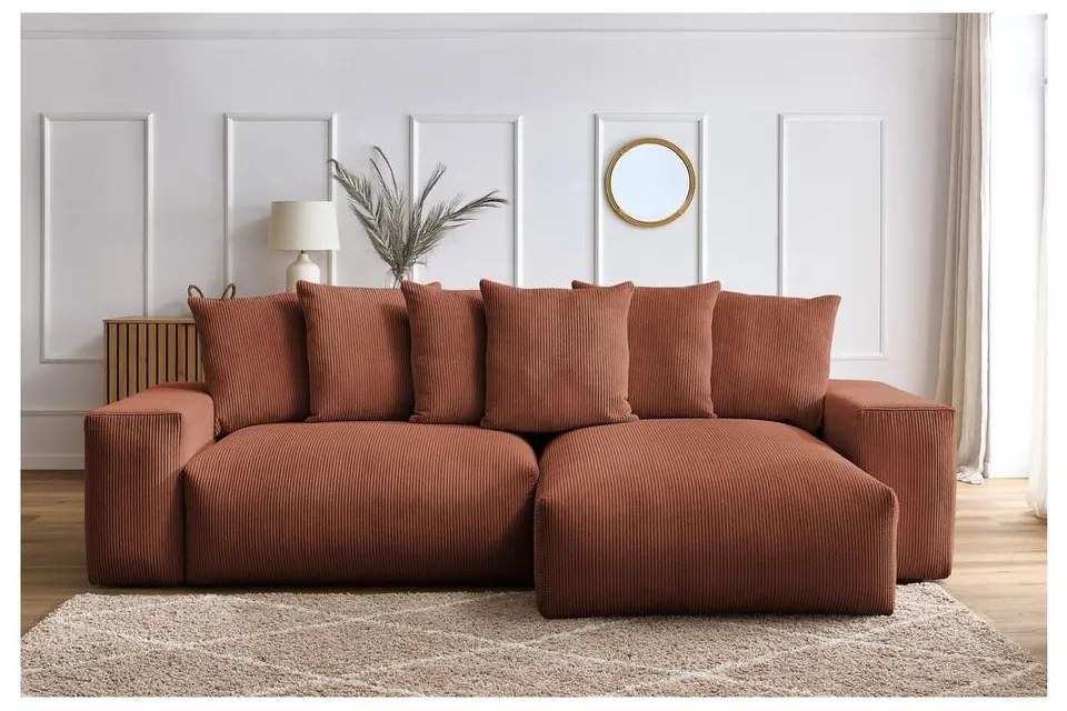 Terakotová menčestrová rozkladacia/s úložným priestorom rohová pohovka Voltaire – Bobochic Paris