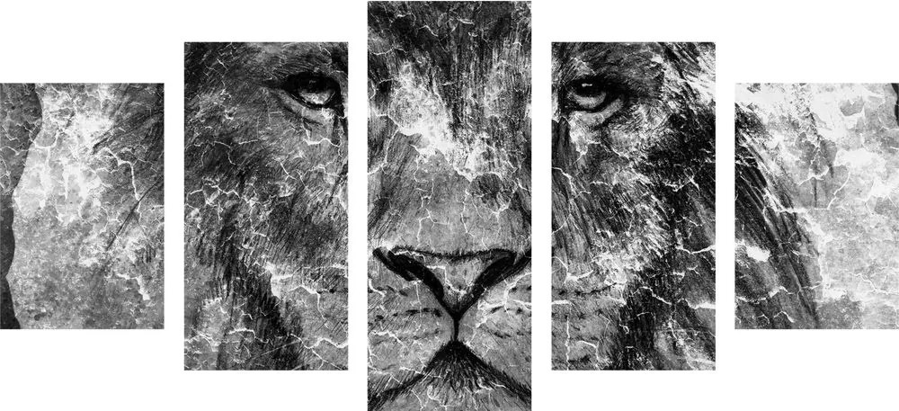 5-dielny obraz tvár leva v čiernobielom prevedení - 200x100