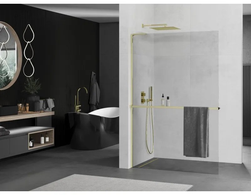 Mexen Kioto+ L, sprchová zástena Walk-In s poličkou a vešiakom 80 x 200 cm, 8mm číre sklo, zlatý lesklý profil,800-080-123-50-00