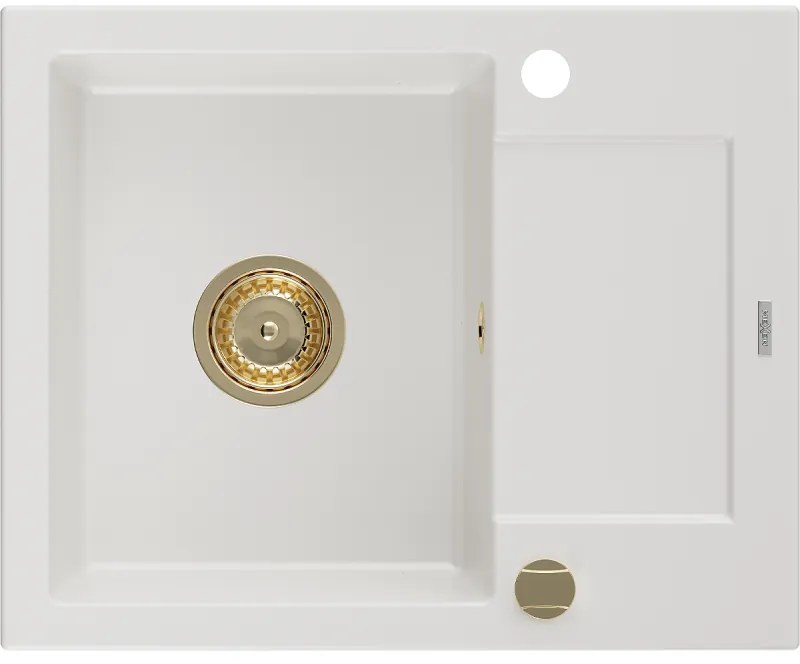Mexen Enzo, granitový drez 576x465x174 mm, 1-komorový, biela so zlatým sifónom, 6506571005-20-G