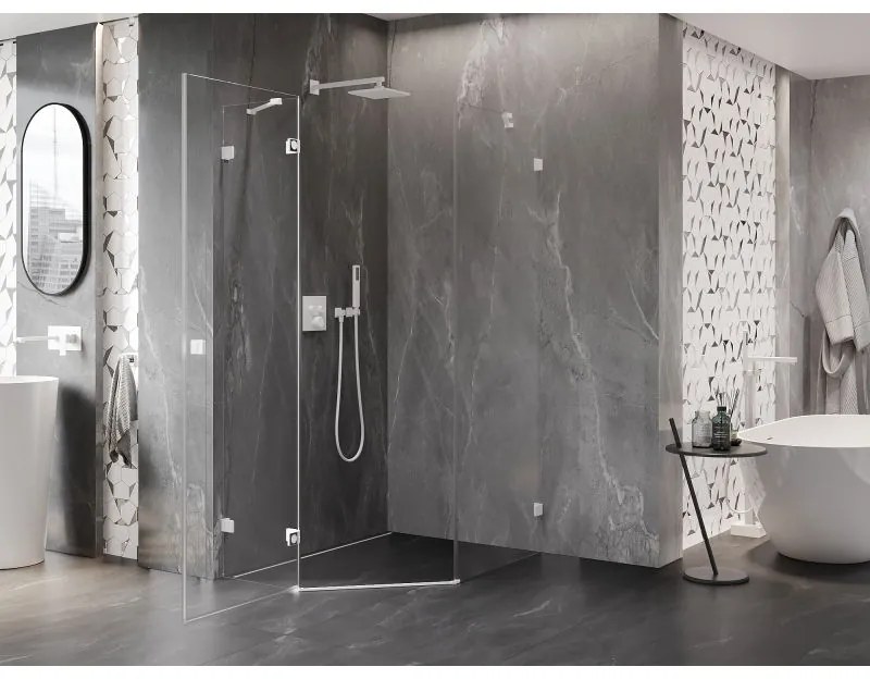 Mexen Lunar, Päťuholníkový sprchový kút Mexen Lunar s výklopným ľavým oknom 90 x 100 cm, 8mm číre sklo, biely profil, 831-090L-100P-01-20-L