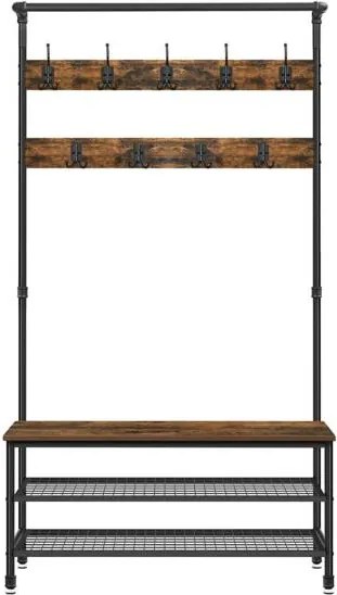 Vešiakový stojan na kabáty s lavicou na topánky, rustikálny hnedý