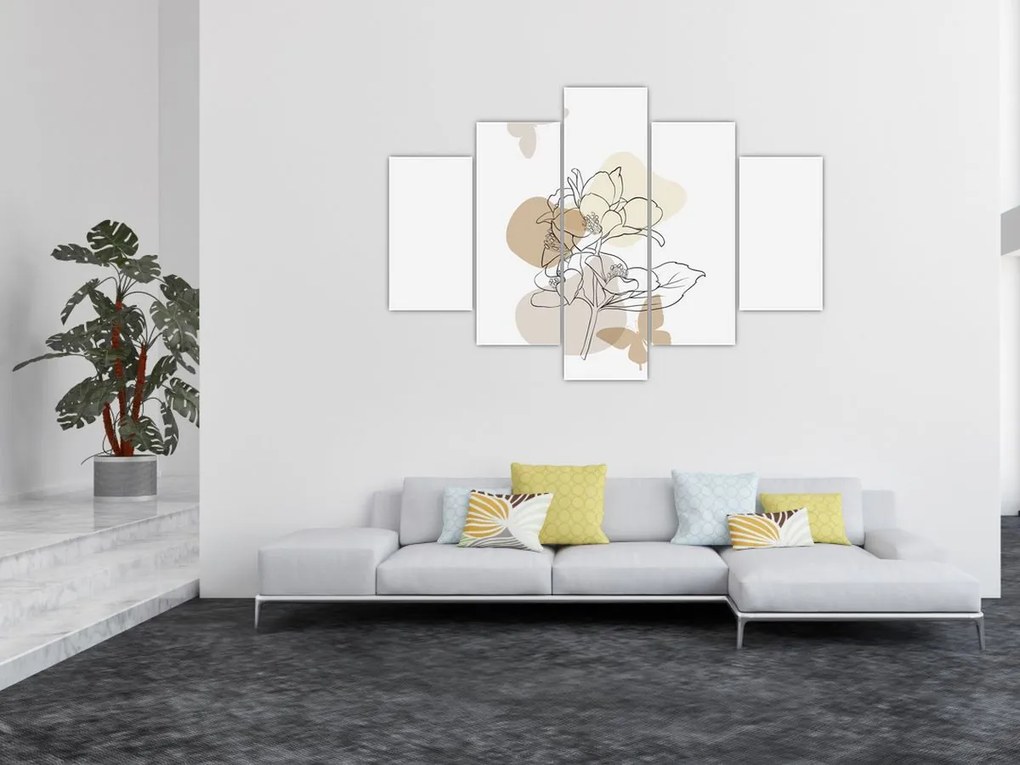 Obraz - Béžové kvety s motýľom N⁰1 (150x105 cm)