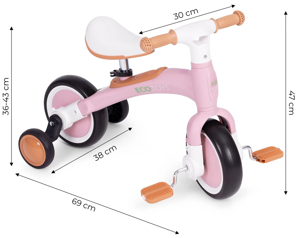 Odrážadlo/ Balančný bicykel s pedálmi 3v1 ružové, ECOTOYS