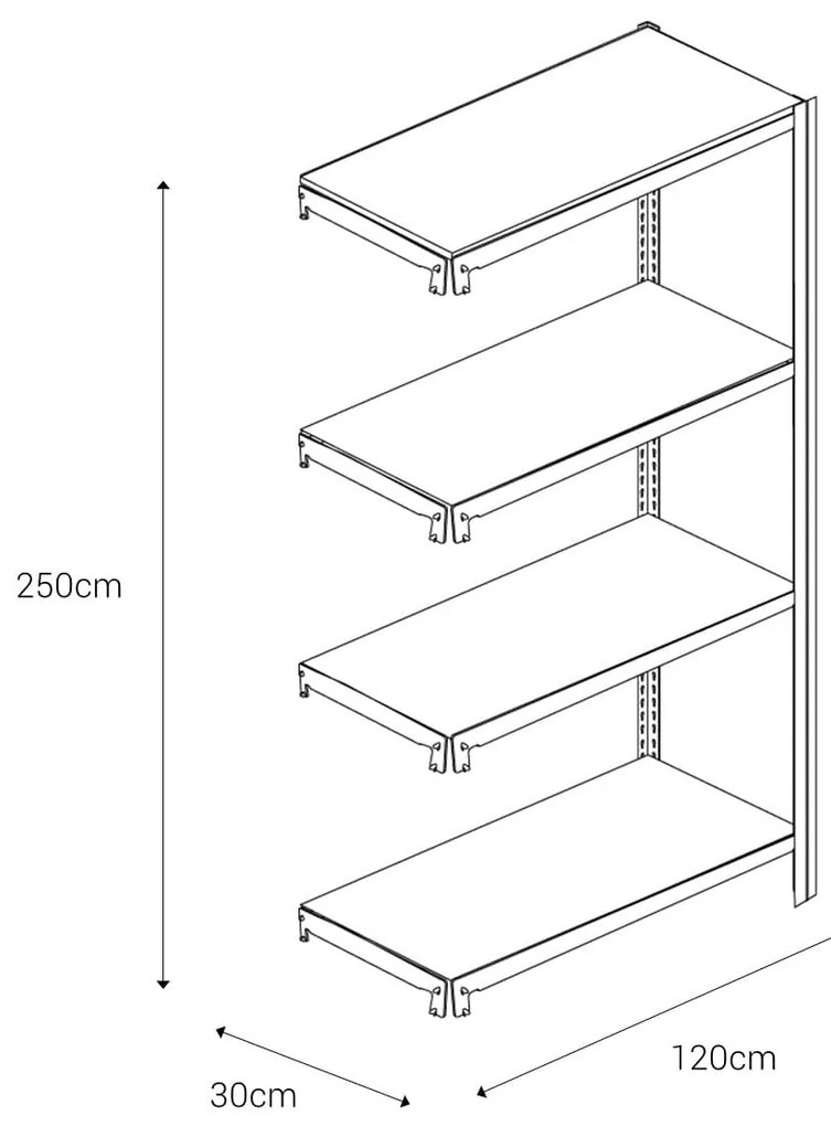 Bezskrutkový kovový regál prídavný modul 250x120x30cm T profil, 4 police