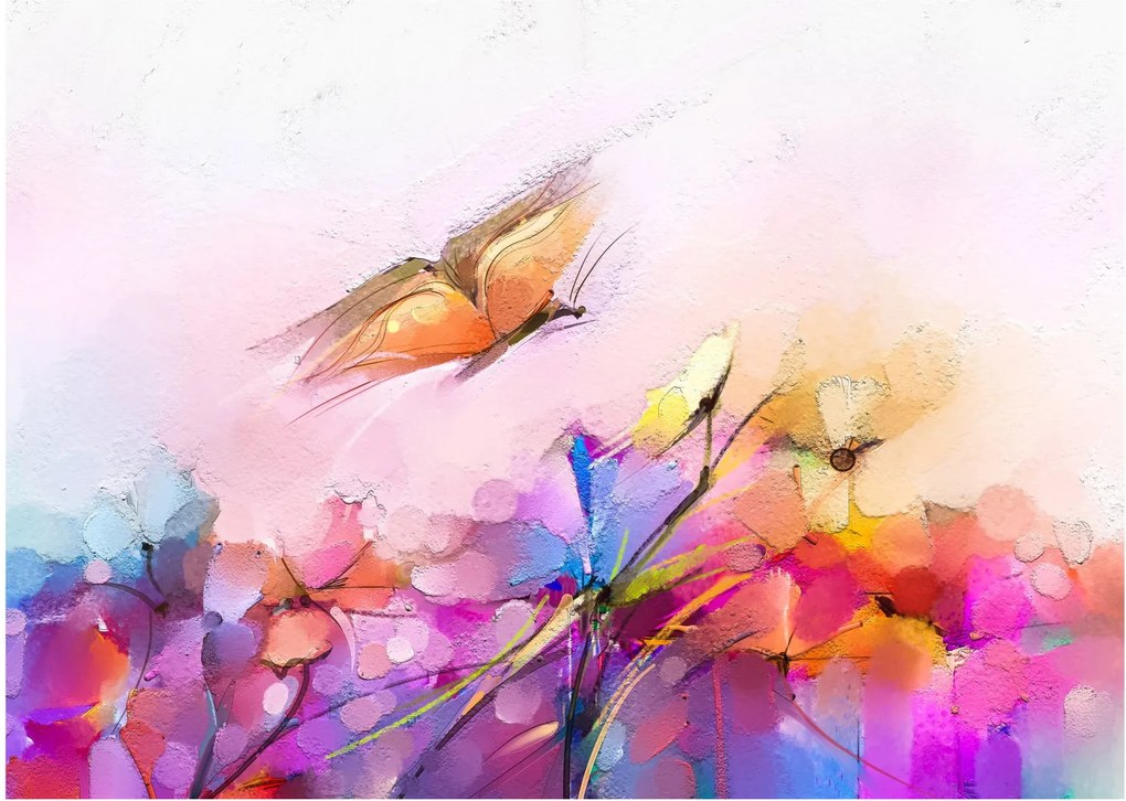 Sklenený obraz - Motýľ nad kvetinou, abstrakcia (70x50 cm)