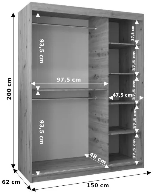 Šatníková skriňa 150 cm Eclipse (čierna matná + dub sonoma). Akcia -23%. Vlastná spoľahlivá doprava až k Vám domov. 1063406