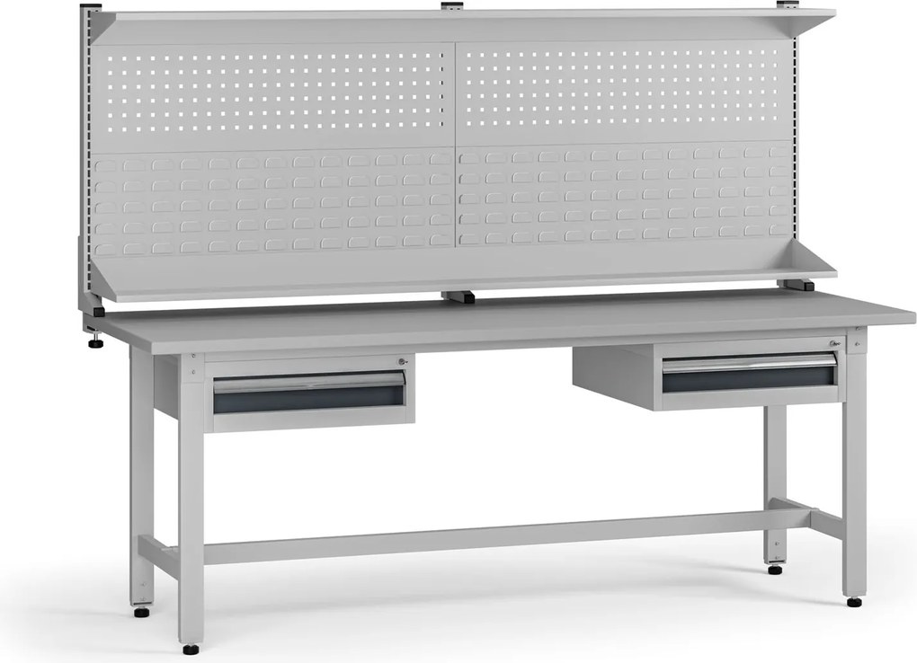 Výškovo nastaviteľný dielenský stôl G5 s nadstavbou, 2100 x 750 x 800-1000 mm, 2x kontajner, 2 zásuvky, grafit