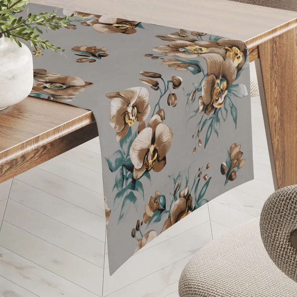 Biante Bavlnený behúň na stôl Sandra SA-622 Hnedé orchidey na sivom 20x120 cm