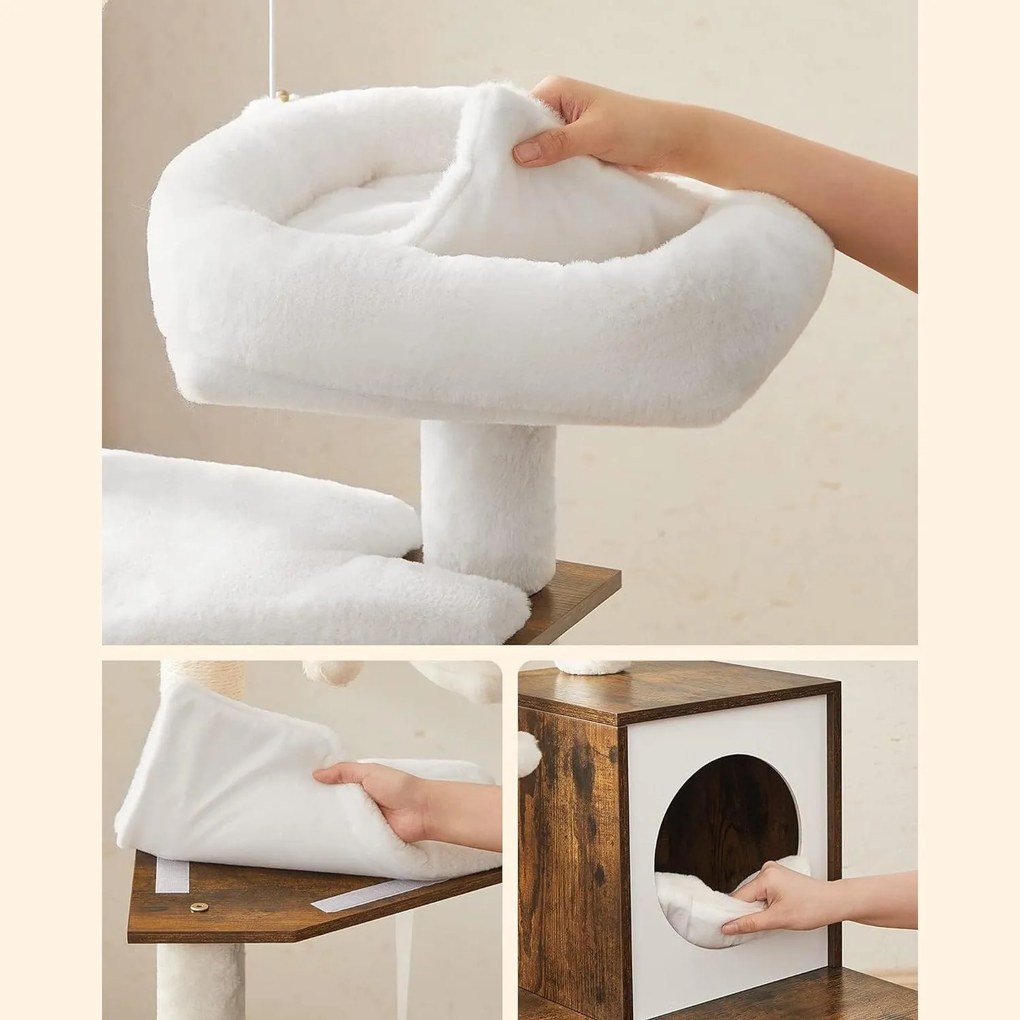 Mačací strom, nábytok pre mačky, s hojdacou sieťou, rustikálny hnedý