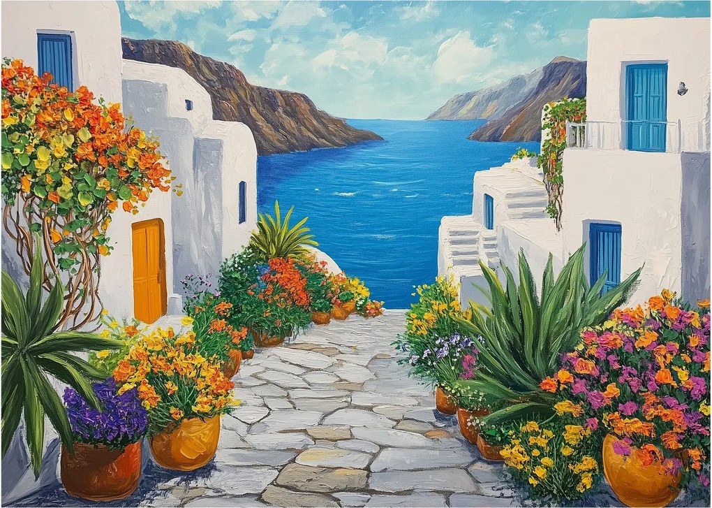 Sklenený obraz - Grécka ulička (70x50 cm)