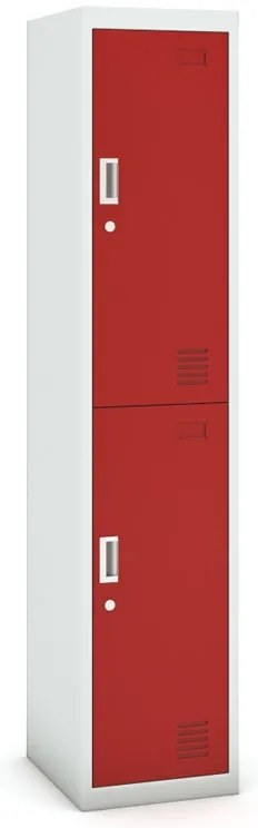 Šatníková skrinka s úložnými boxami, 2 boxy, 1800 x 380 x 450 mm, demont, cylindrický zámok, sivá/červená