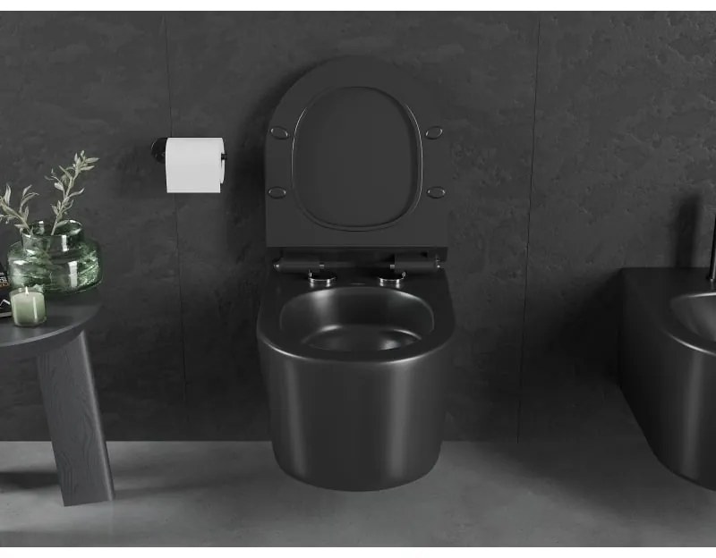 Mexen Sofia, závesná WC misa 490x360x355 mm, Rimless Tornádo + WC sedadlo z duroplastu, čierna matná, 30540185T